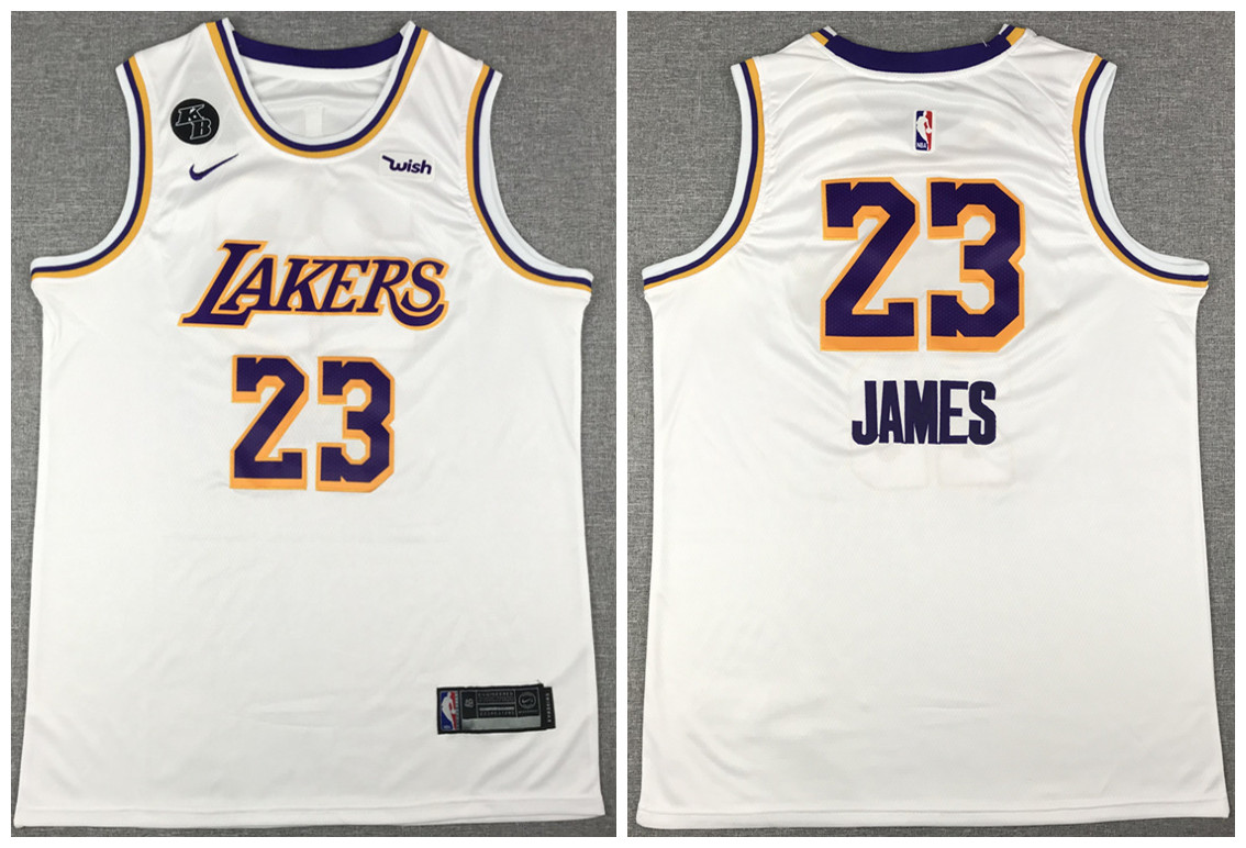 Men's Los Angeles Lakers #23 LeBron James White With KB Patch Stitched Jersey